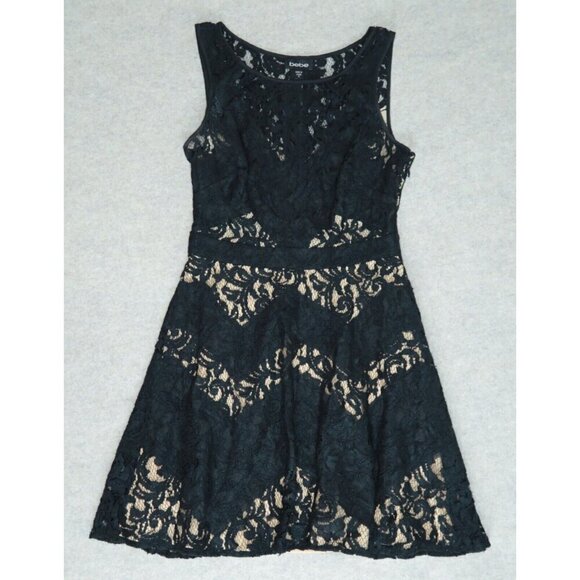Bebe Black A-Line Crochet Dress Lined Evening Cocktail Midi Women's Size 8 - Picture 1 of 12